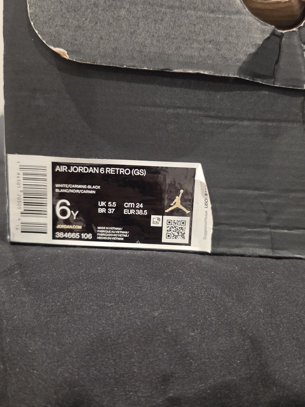 Jordan Kids White/Carmine-Black Retro 6 (GS) Bottoms